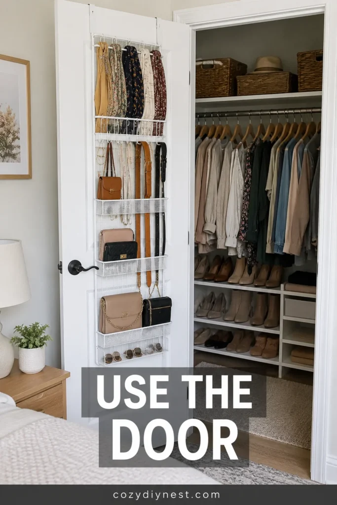 small closet organization ideas with inside door organizer for scarves belts small bags and accessories