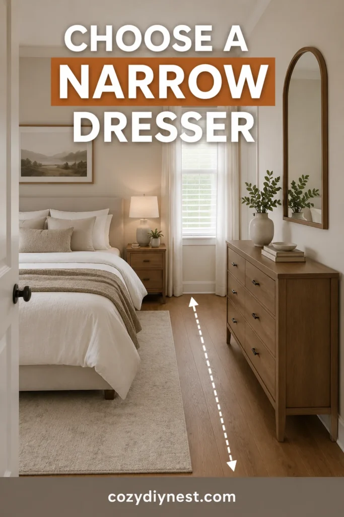 small bedroom layout ideas with a narrow dresser opposite the bed