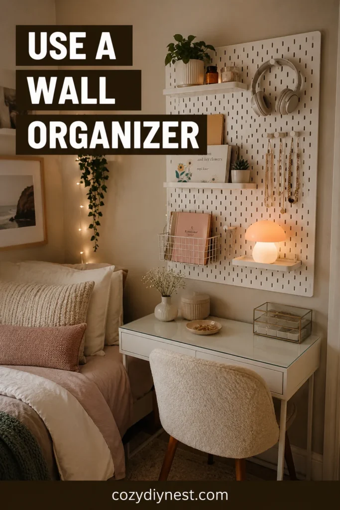 Small Cozy Bedroom Ideas: 19 Warm Ways to Make a Tiny Room Feel Inviting 13 small cozy bedroom ideas with a pegboard wall organizer slim desk and warm lighting