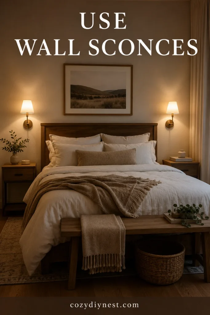 cozy bedroom ideas with wall sconces beside the bed and warm neutral bedding