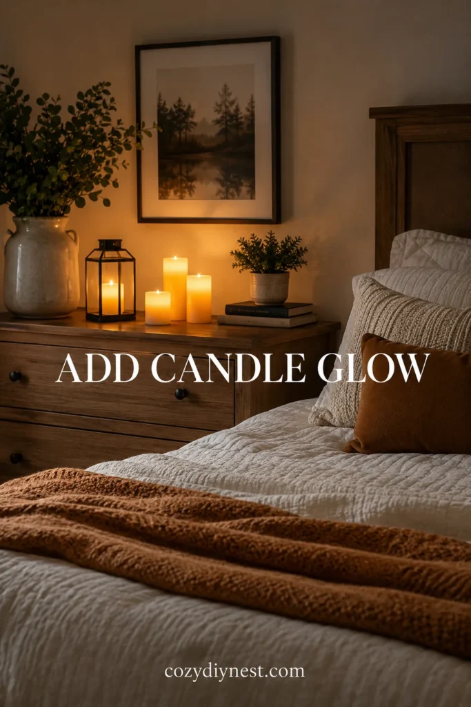 cozy bedroom ideas with candle style lighting on a dresser and warm bedroom decor