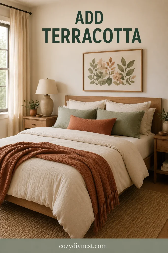 sage green bedroom ideas with sage pillows terracotta lumbar pillow cream bedding and botanical wall art