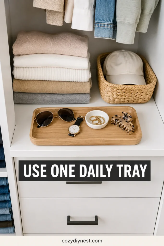 small closet organization ideas with one daily accessory tray sunglasses watch jewelry dish and folded clothes