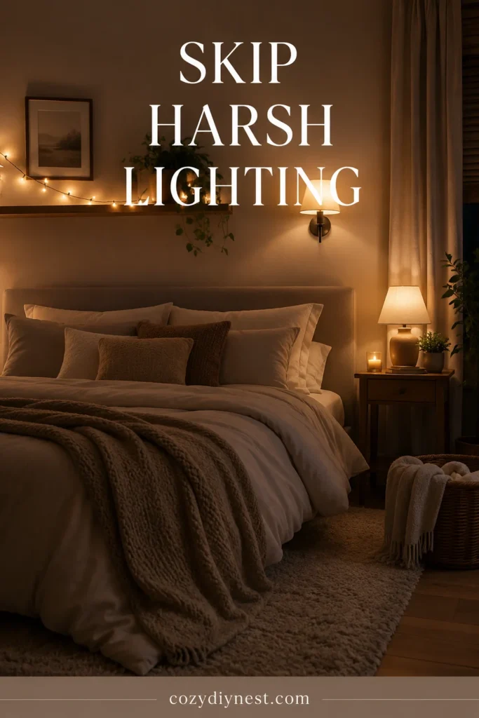 cozy bedroom ideas with warm lamps and soft lighting instead of harsh overhead light