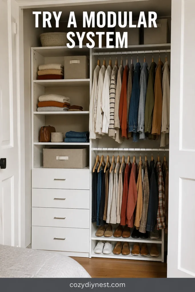 small closet organization ideas with modular closet system shelves drawers hanging rods shoe storage and neutral bins