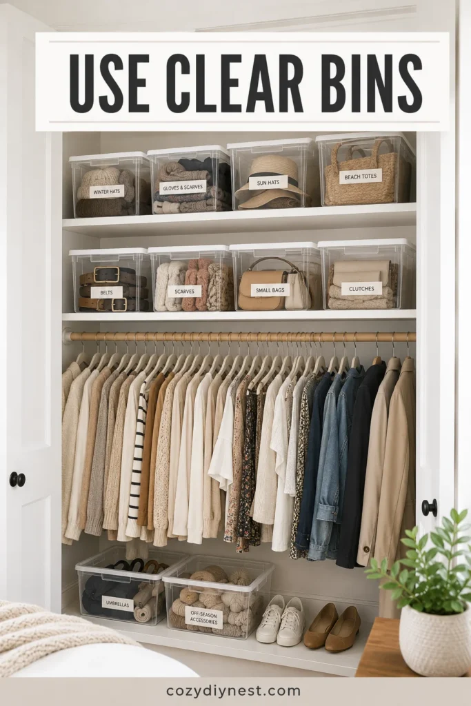 Closet Organization Ideas: 31 Smart Ways to Maximize Clothes, Shoes, Shelves, and Storage 16 closet organization ideas with clear bins for accessories seasonal items belts scarves and small bags
