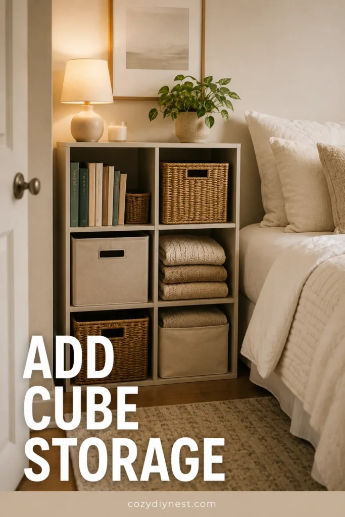 Small Bedroom Storage Ideas: 21 Genius Ways to Maximize Every Inch 16 small bedroom storage ideas with cube storage and baskets beside the bed