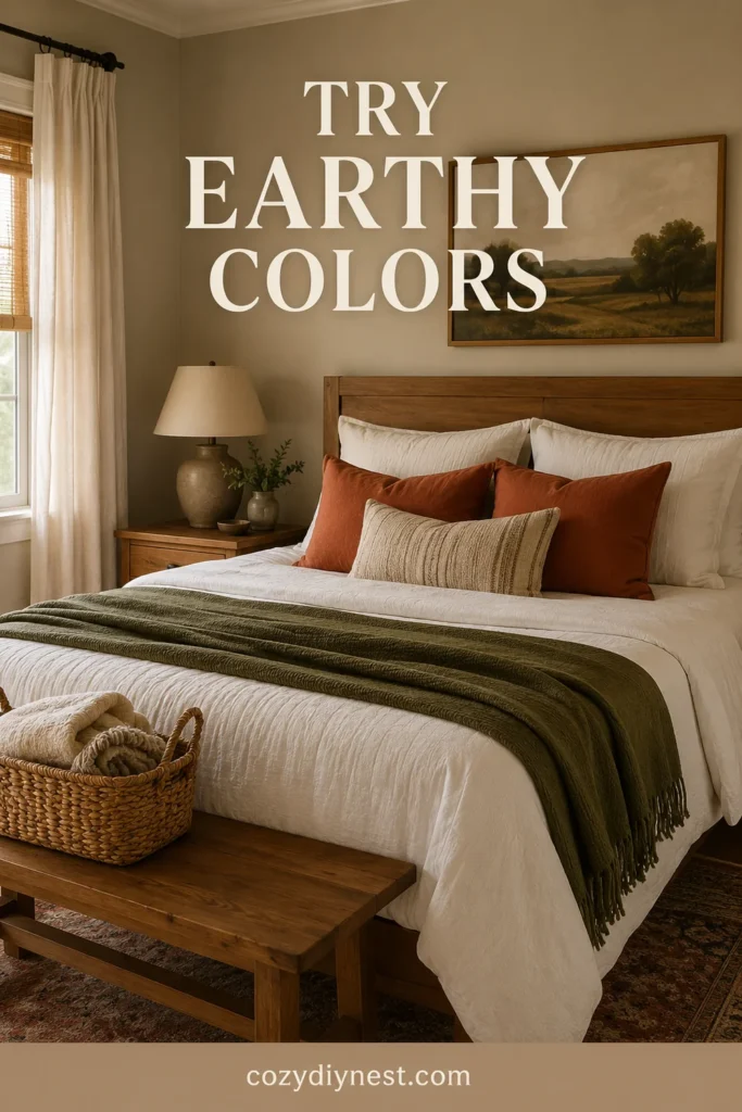 cozy bedroom ideas with earthy beige rust olive and warm white bedroom colors