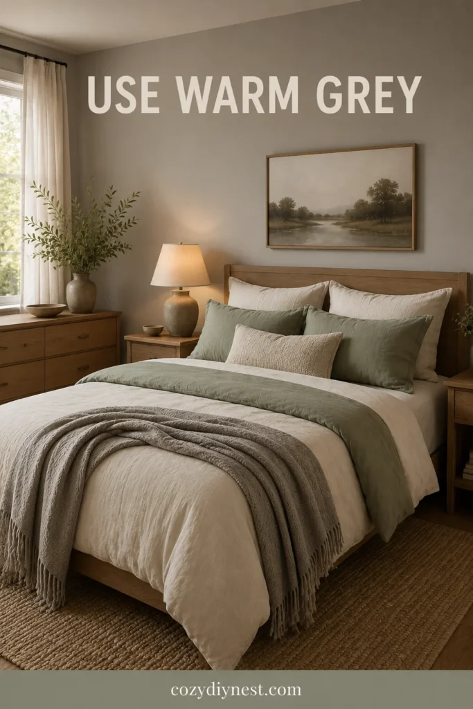 sage green bedroom ideas with sage pillows warm grey throw cream bedding and oak furniture