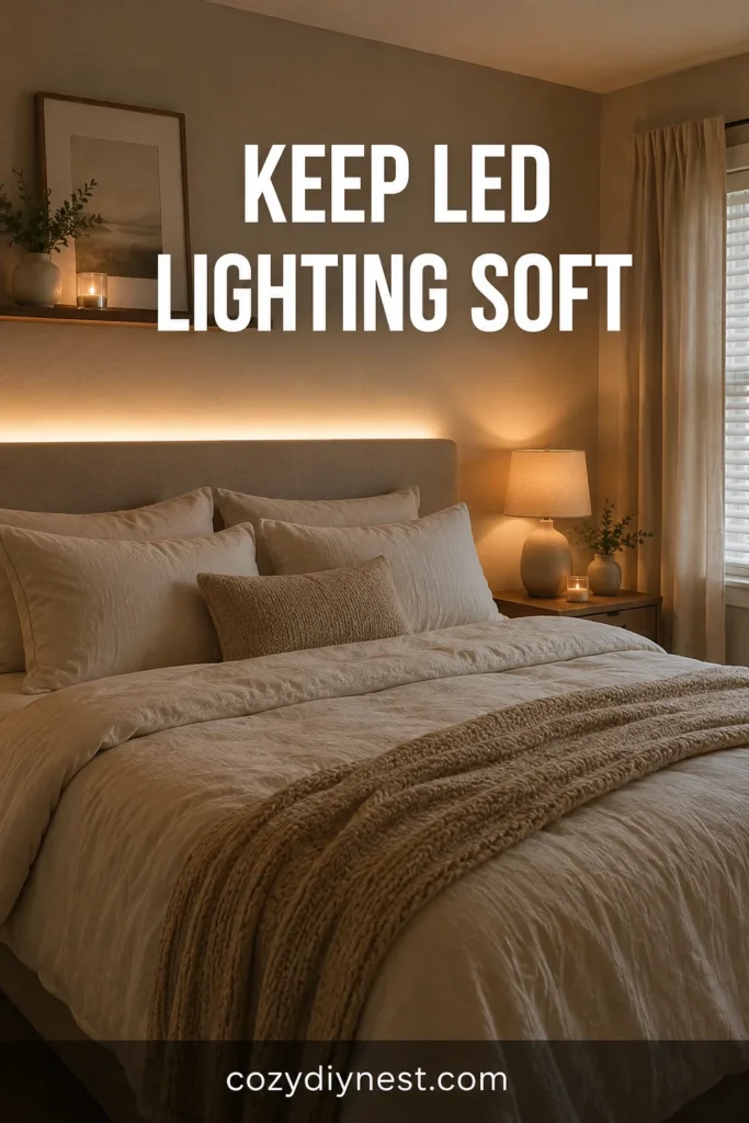 cozy bedroom ideas aesthetic with soft hidden LED lighting cream bedding and warm lamp