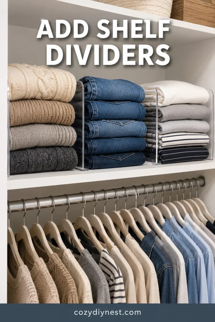 small closet organization ideas with shelf dividers folded sweaters jeans shirts and matching hangers