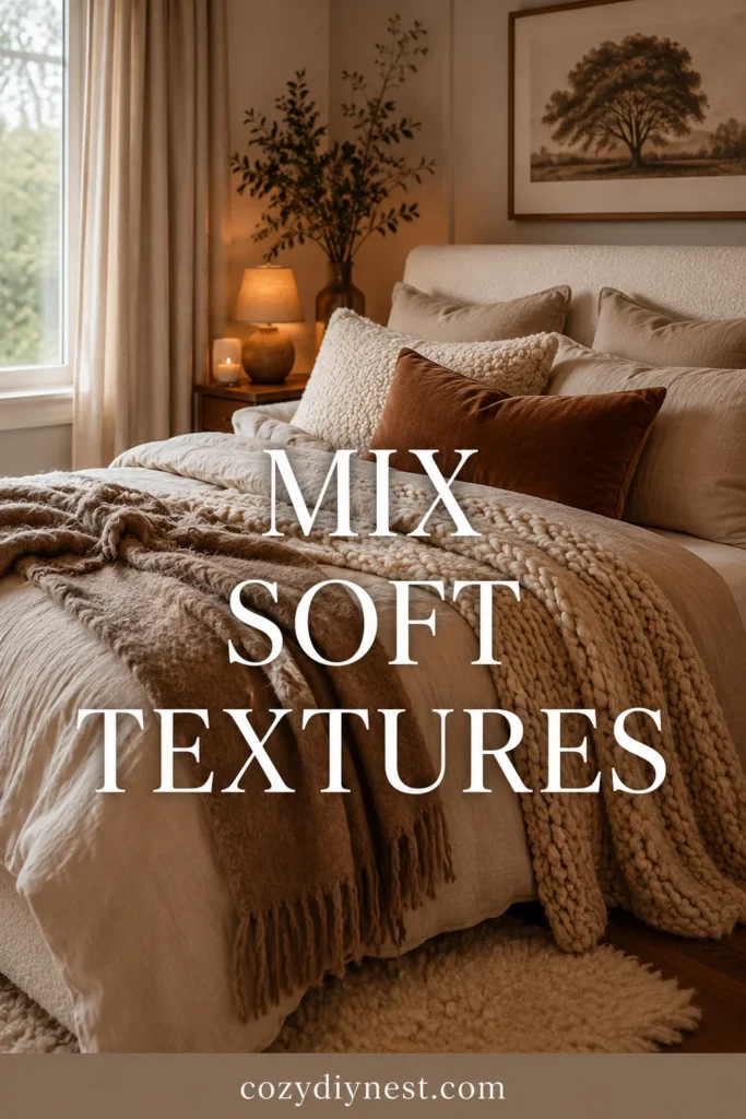 cozy bedroom ideas with boucle linen knit and velvet textures on a warm bed