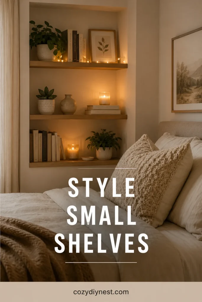 cozy bedroom ideas aesthetic with styled shelves books plants fairy lights and cream bedding