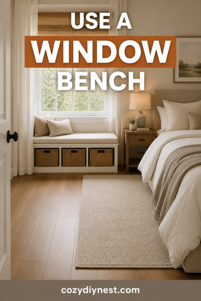 small bedroom layout ideas with a window bench and storage baskets