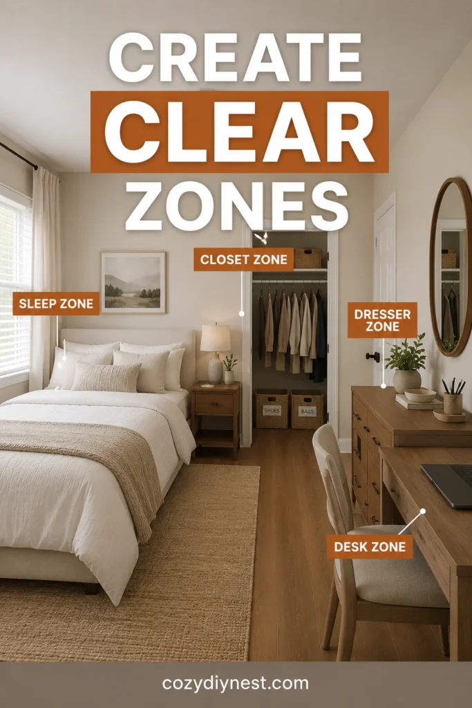 small bedroom layout ideas with clear sleep closet dresser and desk zones