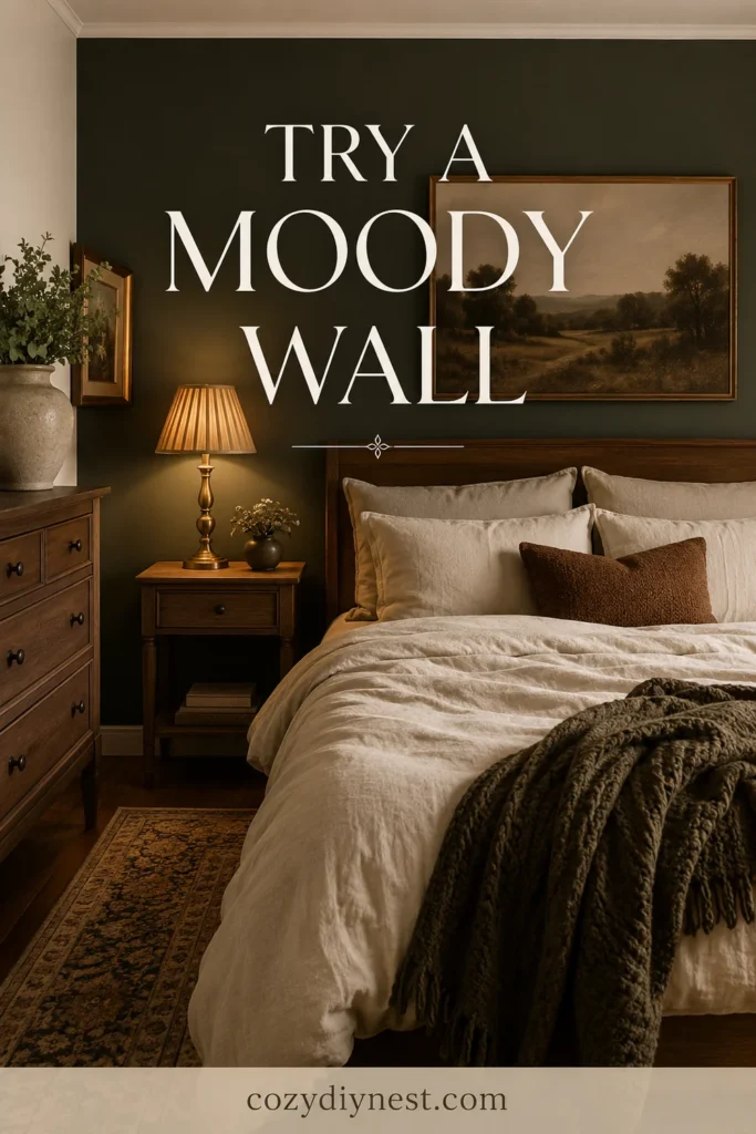 cozy bedroom ideas with a dark green accent wall cream bedding and warm lighting