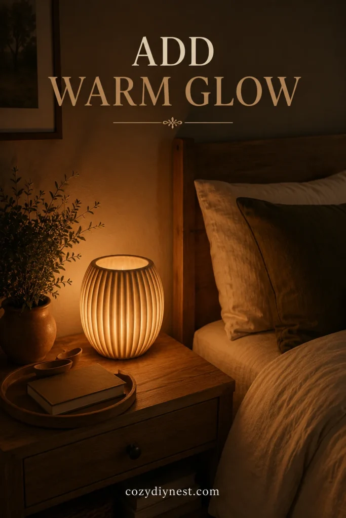 Earthy Bedroom Ideas: 21 Warm Ways to Make Your Room Feel Natural and Cozy 18 earthy bedroom ideas with warm lamp glow small plant wood tray and cream bedding