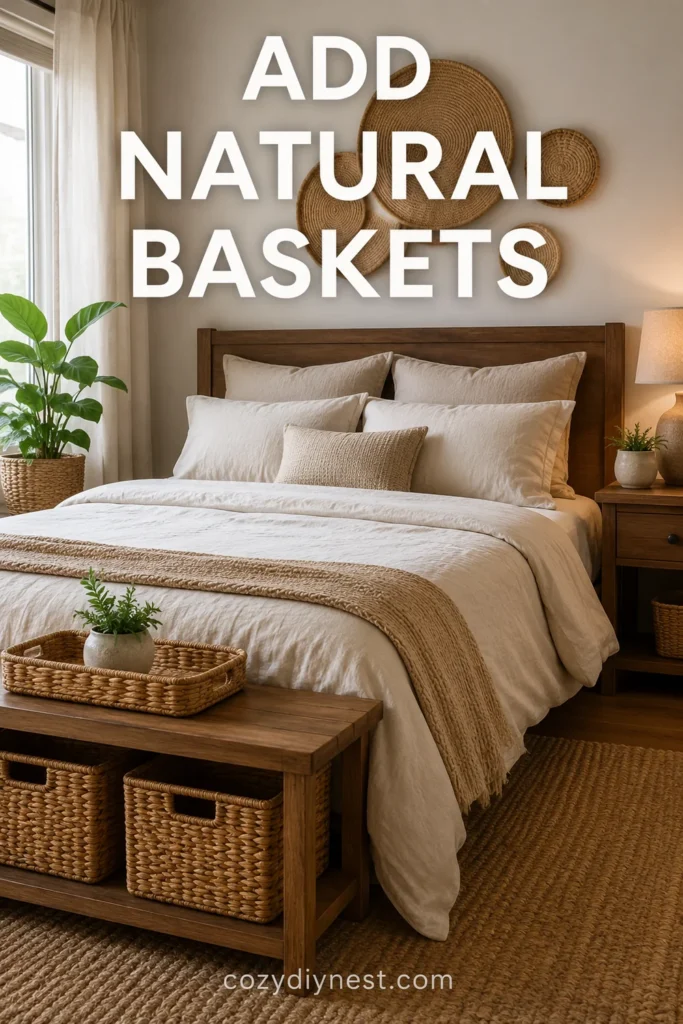 cozy bedroom ideas with cane baskets rattan decor and warm natural textures