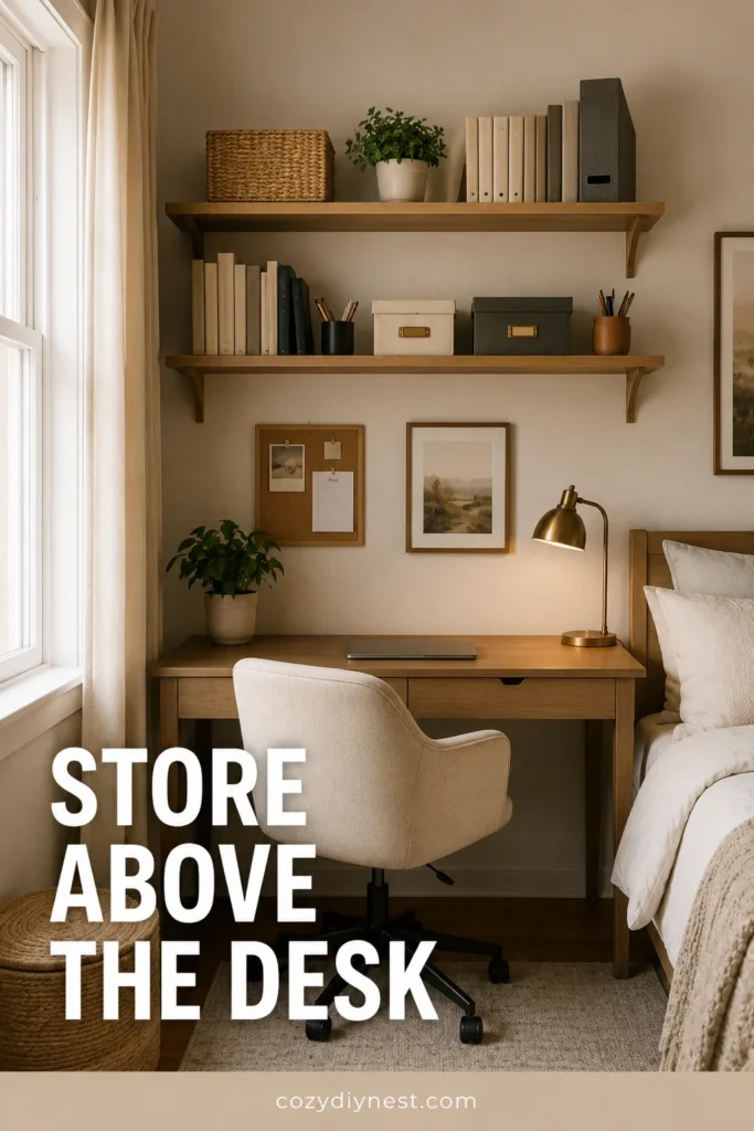 Small Bedroom Storage Ideas: 21 Genius Ways to Maximize Every Inch 19 small bedroom storage ideas with shelves above a desk zone for office storage