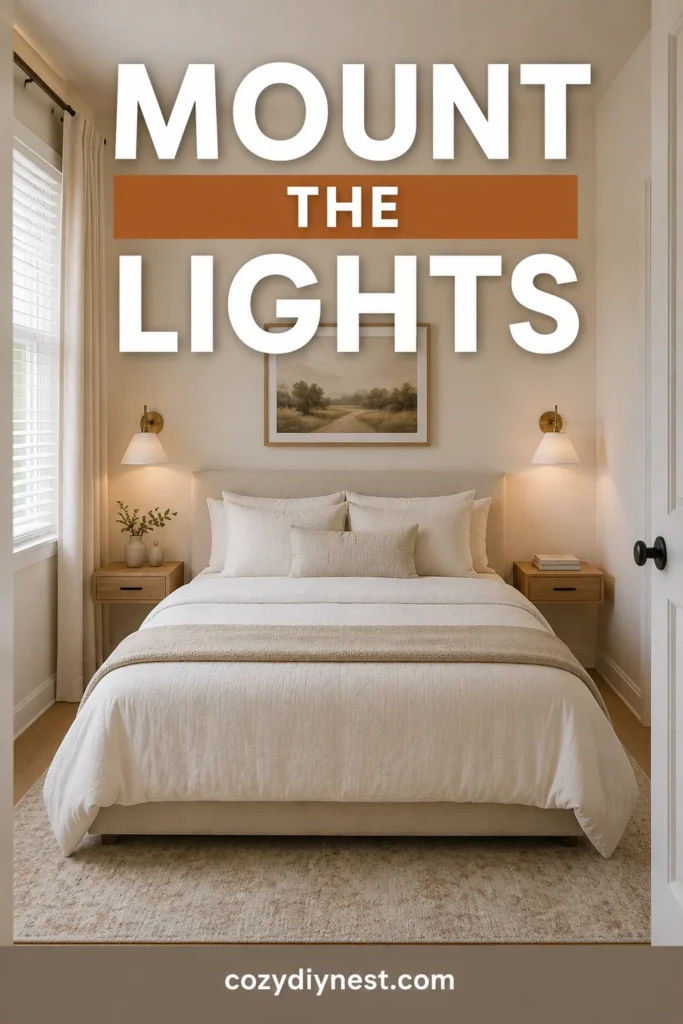 small bedroom layout ideas with wall mounted lights and slim nightstands
