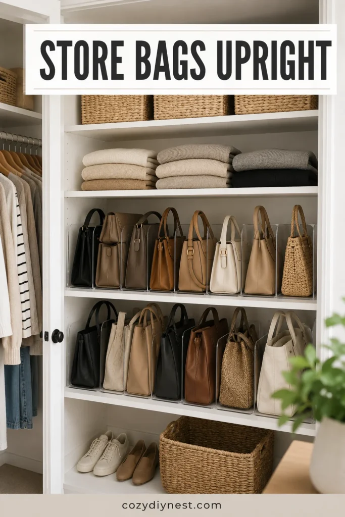 Closet Organization Ideas: 31 Smart Ways to Maximize Clothes, Shoes, Shelves, and Storage 20 closet organization ideas with handbags stored upright on shelves with dividers baskets and folded sweaters