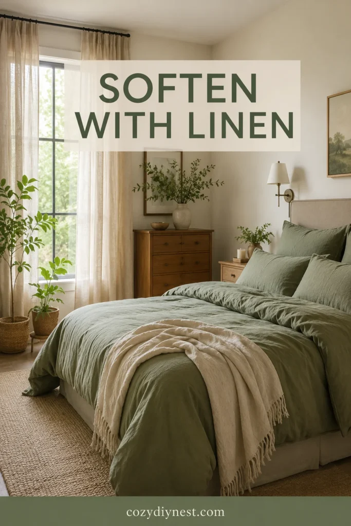 sage green bedroom ideas with sage bedding linen curtains cream walls plants and natural light