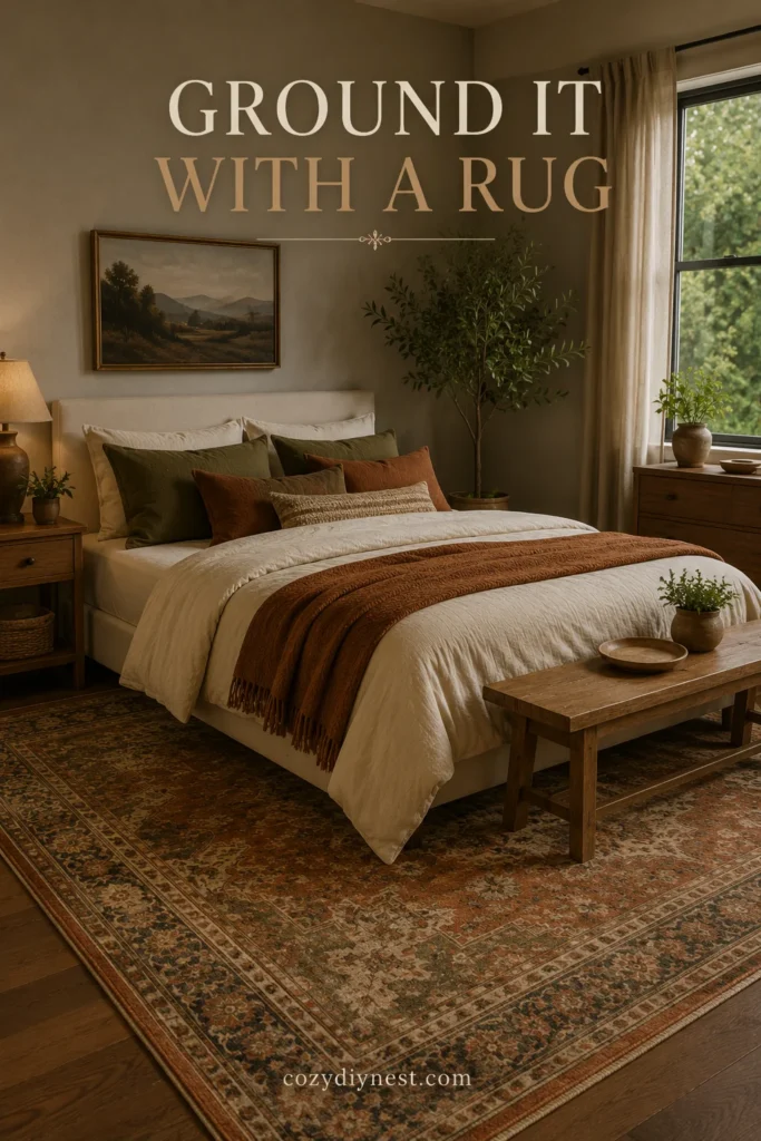 Earthy Bedroom Ideas: 21 Warm Ways to Make Your Room Feel Natural and Cozy 20 earthy bedroom ideas with a woven vintage rug cream bedding olive rust accents and plants