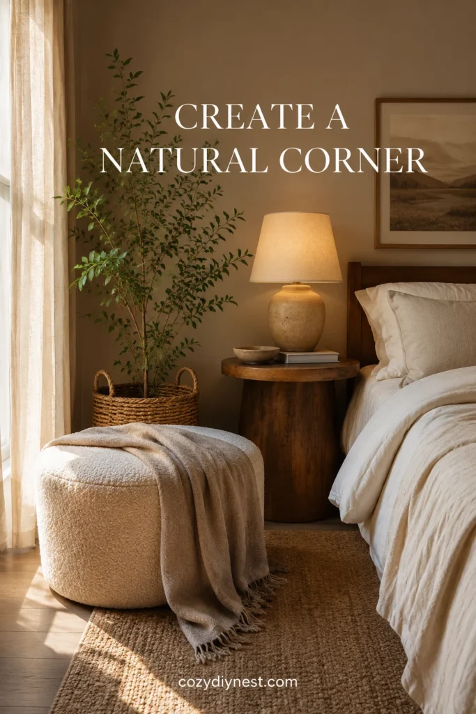 Earthy Bedroom Ideas: 21 Warm Ways to Make Your Room Feel Natural and Cozy 21 earthy bedroom ideas with a calm natural corner rattan basket plant warm lamp and soft throw