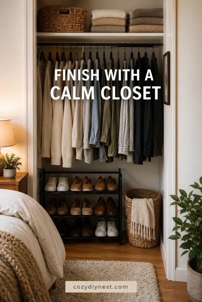 small closet organization ideas with matching hangers folded sweaters woven basket shoe rack and warm light