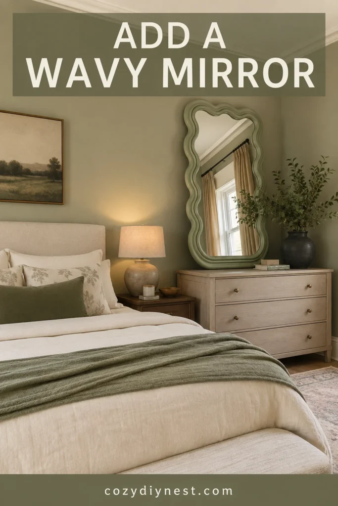 sage green bedroom ideas with a wavy mirror cream bedding sage throw warm lamp and soft rug