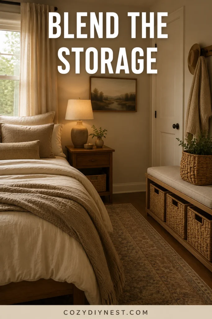 cozy bedroom ideas with storage baskets that blend with warm bedroom decor