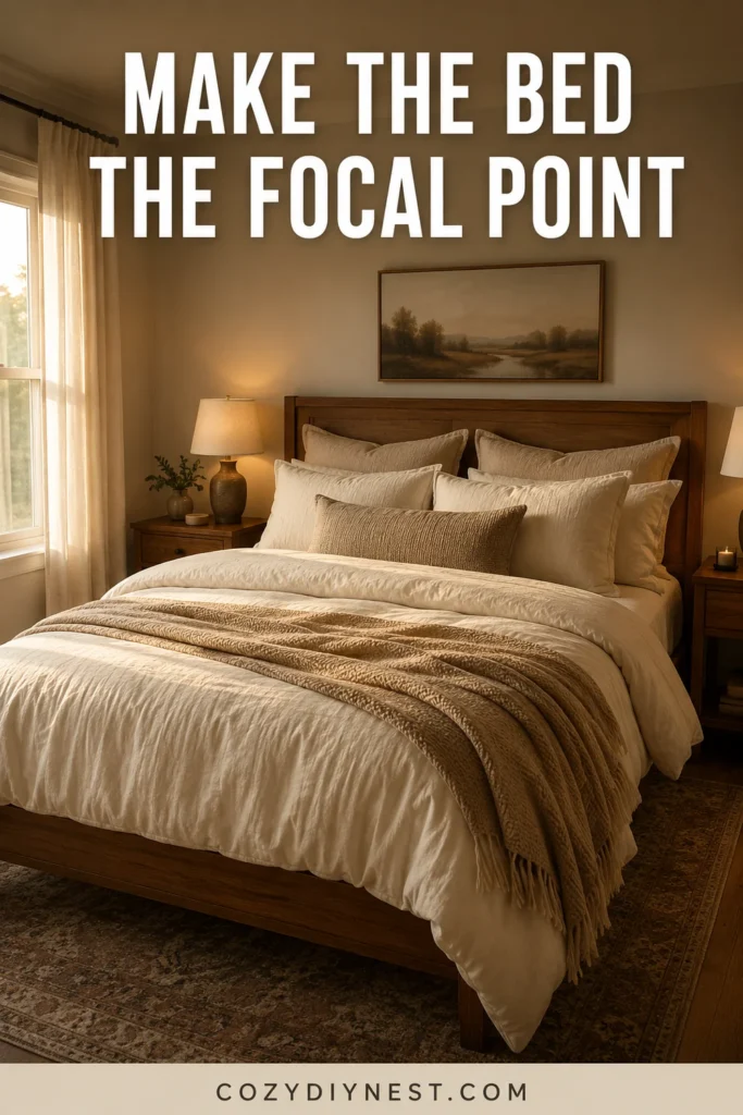 cozy bedroom ideas with the bed as the main focal point using layered bedding and warm lighting