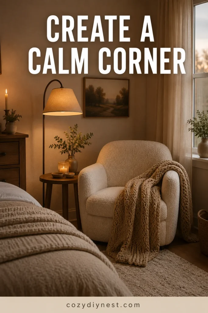 cozy bedroom ideas with a calm corner boucle chair warm lamp chunky throw and soft rug