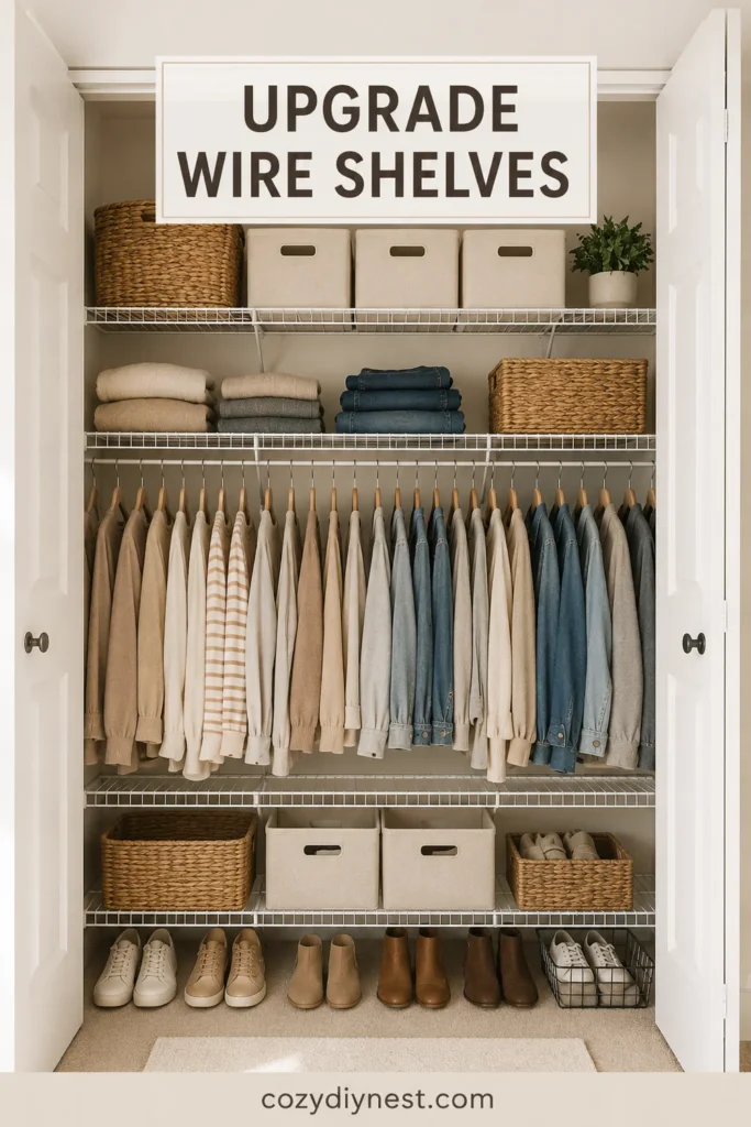 Closet Organization Ideas: 31 Smart Ways to Maximize Clothes, Shoes, Shelves, and Storage 25 closet organization ideas with wire shelves upgraded with bins baskets folded clothes matching hangers and shoe storage