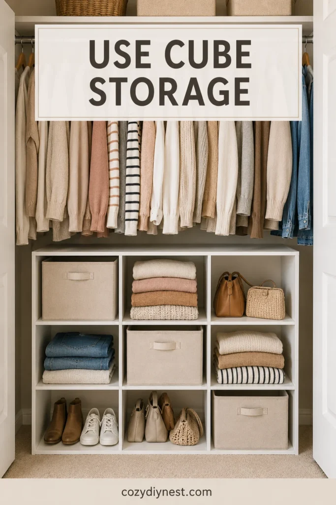 Closet Organization Ideas: 31 Smart Ways to Maximize Clothes, Shoes, Shelves, and Storage 27 closet organization ideas with cube storage fabric bins shoes folded sweaters accessories and hanging clothes above