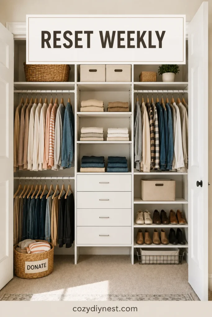Closet Organization Ideas: 31 Smart Ways to Maximize Clothes, Shoes, Shelves, and Storage 31 closet organization ideas with matching hangers folded clothes bins baskets shoes and donation basket for weekly reset